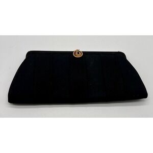 Vtg 50s 60s Black Satin Evening Clutch Purse Gold Clasp Rhinestone Mid Century